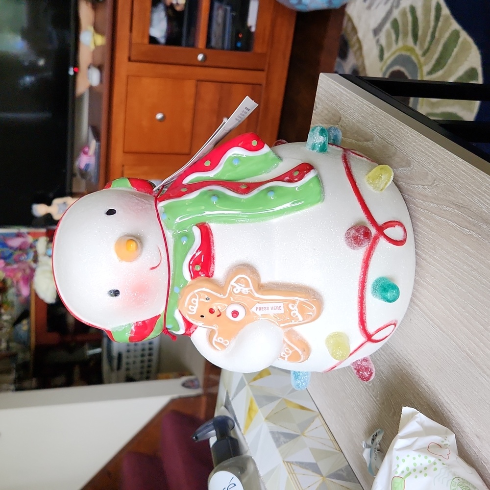 Hallmark Christmas Treatings Snowman New lights up and plays 3 songs.